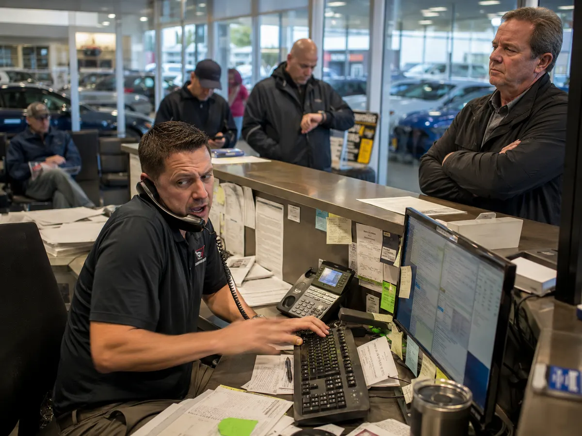 Serviceberater am überfüllten Tresen, telefonierend, während Kunden ungeduldig warten